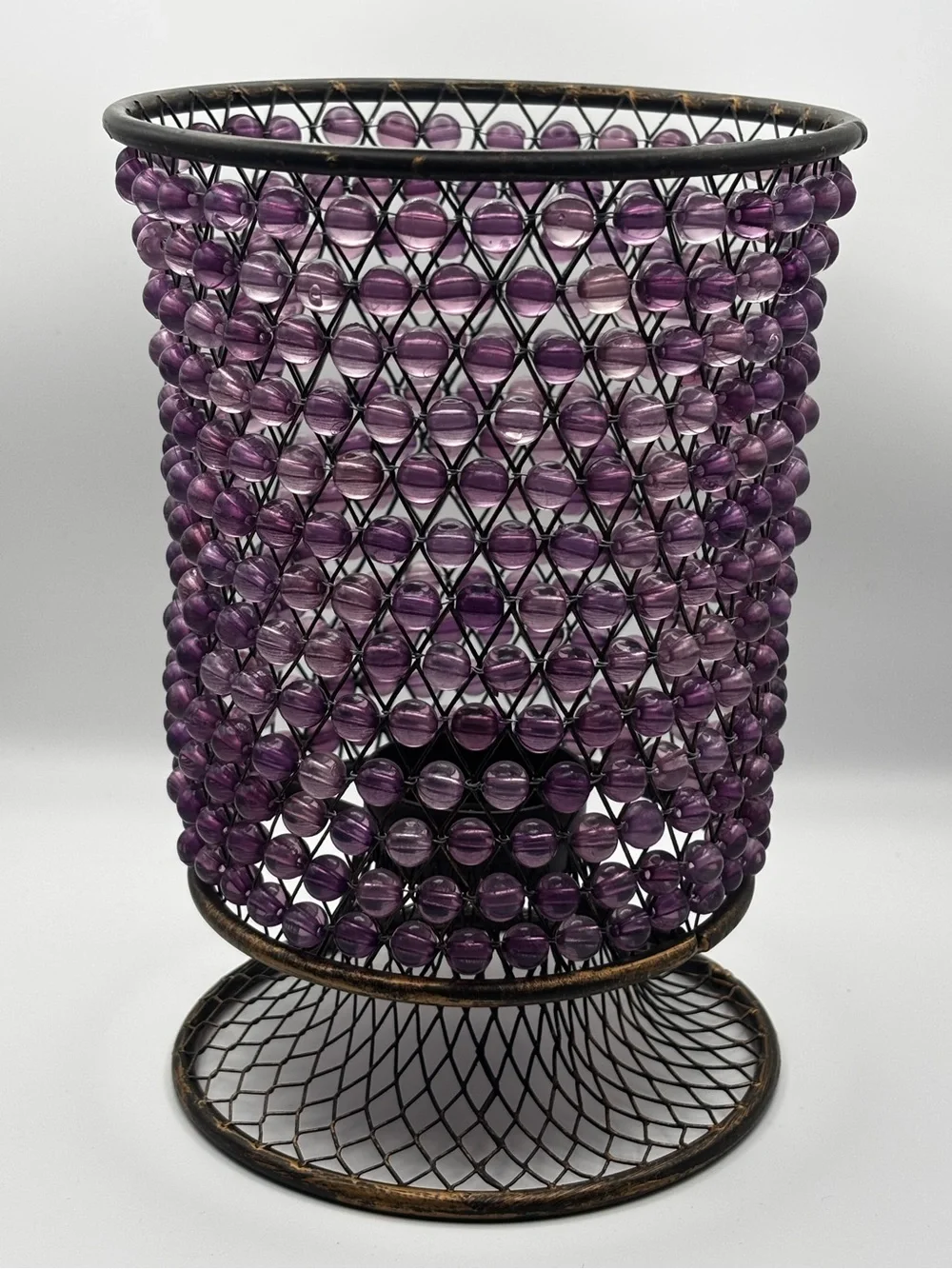 Decorative Beaded Brass Metal Tealight Candle Votive Set of 2 Purple and Amber